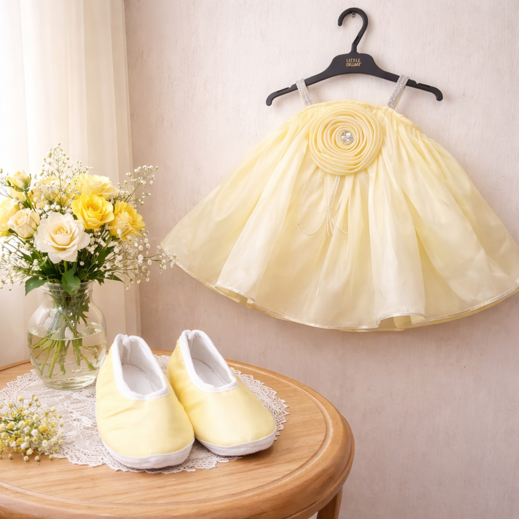 Aline Yellow Stain Frock with matching shoe Sleeves for Girls | Elegant Dress for Kids | Stylish Sleeveless frock